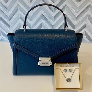 NWT Michael Kors Leather Whitney Navy MD Bag & Earring/Necklace Set